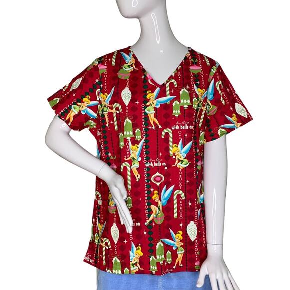 Disney NWT Tinker Bell Christmas Scrub Top Short Sleeves Red and Green … - Picture 1 of 9
